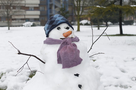 Snowman stands in the parkの写真素材