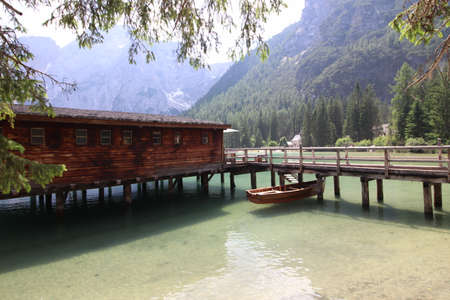 Wooden hut on lake Braies, Dolomites, Italyのeditorial素材