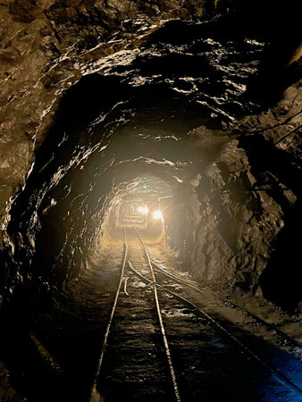 Railway tracks in a tunnel at the entrance to the mine.の写真素材
