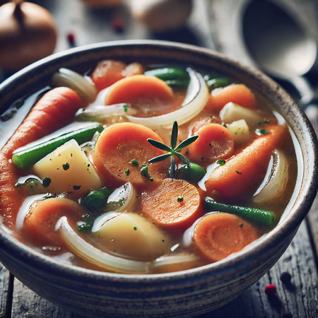 Vegetable soup with carrot, onion and green beans in bowl on wooden table.の写真素材
