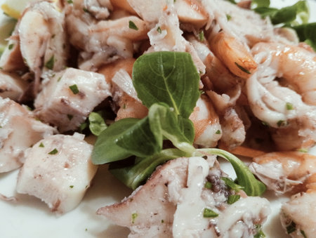 Salad with salmon, squid and arugula on a white plate