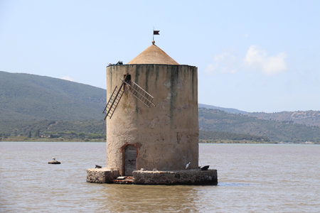 Old windmill on the bank of the Danube river in Croatiaの写真素材