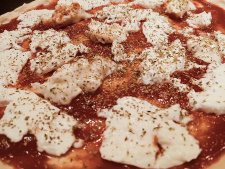 Pizza with mozzarella cheese and tomato sauce, close upの写真素材