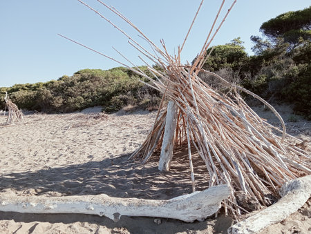 Wooden hut on the beach in Costa Paradiso, Sardiniaの写真素材