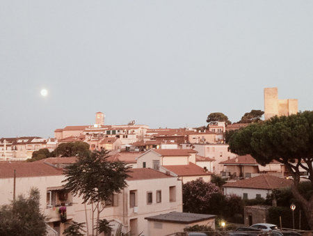 View of the city of Rovinj at night, Croatiaの写真素材