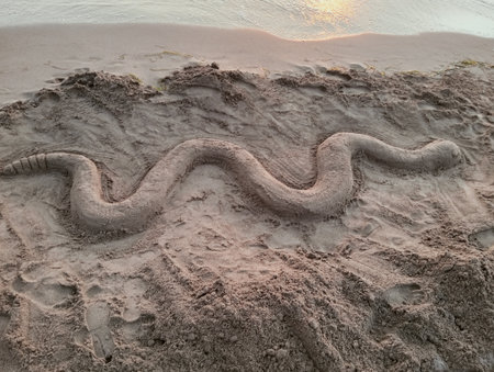 Tire tracks on the sand beach at low tide in the evening