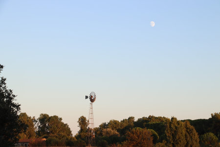 A windmill with a moon in the background and trees in the foregroundの写真素材