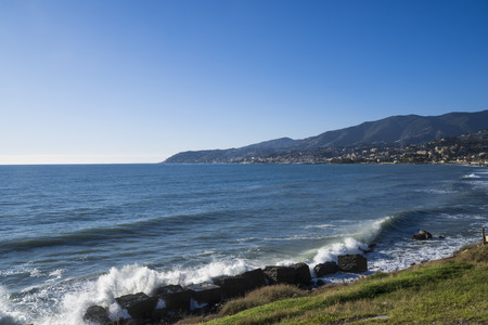 View of the Ligurian coast (Italy, Mediterranean sea) with the city of Sanremo in the background....