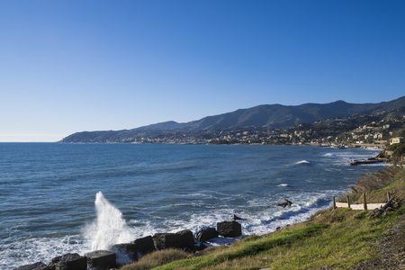 View of the Ligurian coast (Italy, Mediterranean sea) with the city of Sanremo in the background. Italian town festival. This town is famous in the world for the cultivation of flowers.の写真素材