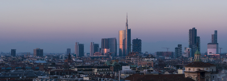 Milan cityscape at sunset, large panoramic view with new skyscrapers of Porta Nuova districtのeditorial素材