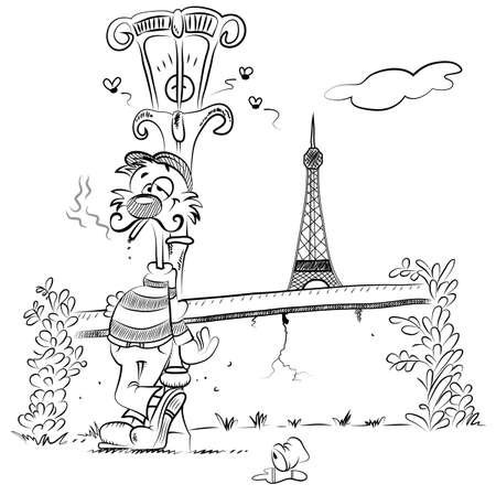 A romantic cat with a striped sweater leans against a streetlamp in old-town Paris, smoking a cigarette  On the background behind a low wall, the Tour Eiffel のイラスト素材