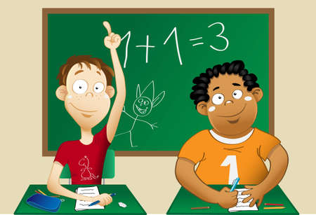 A white child and an afro child at school, smiling and sittind at their bench  One raises his hand to answer the teacher   On the background a doodled blackboard のイラスト素材