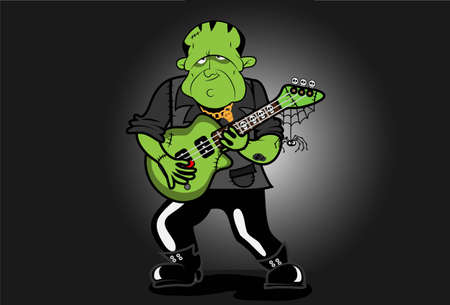Frankenstein plays an electric guitar with skulls, spiders and web  He has various scars and a skull tattoo のイラスト素材