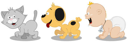 A kitten, a puppy and a toddler trodding in indian file.のイラスト素材