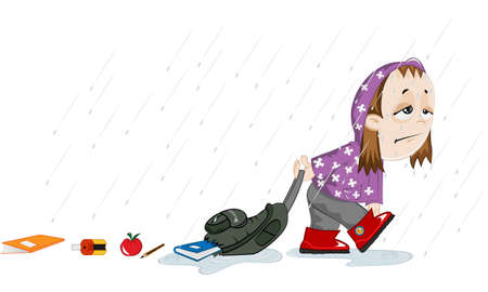 A sad girl is going to school under the rain. Her backpack is torn and she is losing her books on the street.のイラスト素材