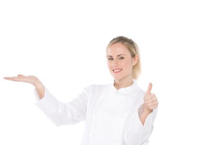 chef with palm up isolated on white backgroundの写真素材