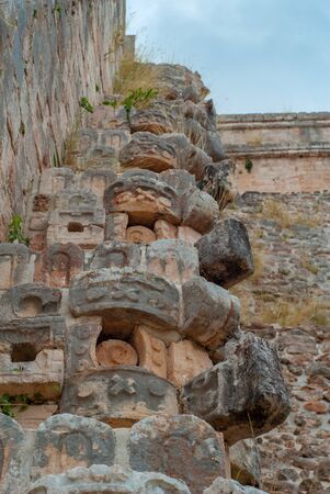 Details of the Mayan stone decorations, in the archaeological area of Ek Balam, on the Yucatan peninsulaの写真素材