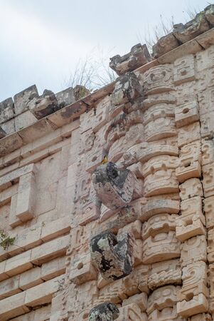 Details of architectural decorations, of Mayan structures, depicting elephant men, in the archeological area of Uxmal, in the Mexican Yucatan peninsulaの写真素材