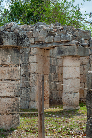 Remains of columns of a Mayan temple, in the archaeological area of Chichen Itza, on the Yucatan peninsulaの写真素材