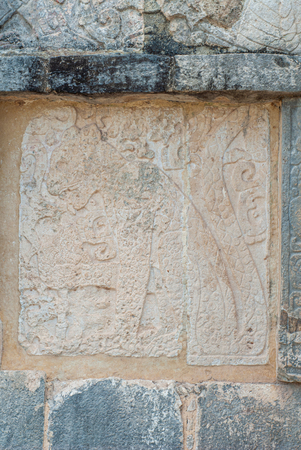 Panther engraving on stone of a Mayan temple, in the archaeological area of Chichen Itza, on the Yucatan peninsulaの写真素材