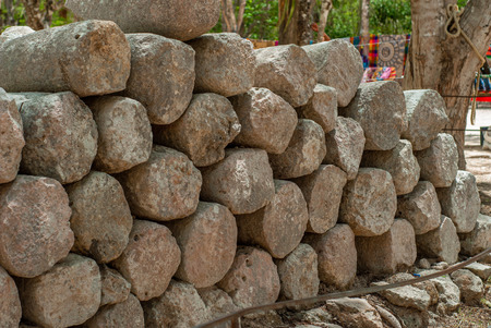 Ruins of columns found in the archaeological area of Chichen Itza, on the Yucatan peninsulaの写真素材