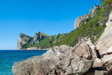 Three mountain laces, which stands on the bay of Nerano of Massa Lubrense, with the Montalto Tower...