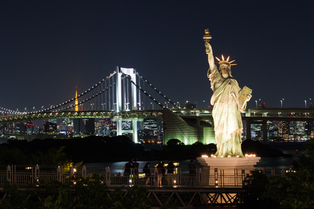 nightscape of Tokyo city, view on the bay and the Rainbow bridge, Japanの写真素材