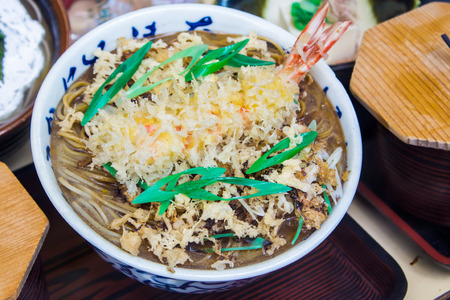 bowl of Soba ( Japanese buckwheat noodles ) with prawn tempuraの写真素材