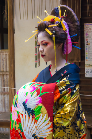 KYOTO, JAPAN - OCTOBER 12, 2015 : portrait of a Maiko, Apprentice geisha, in Kyoto, Japan.