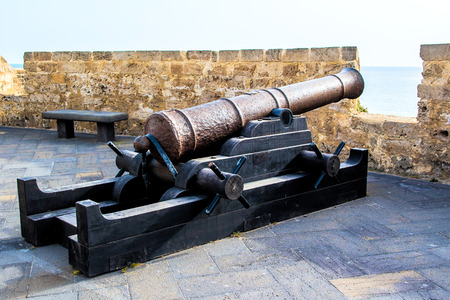 old bronze cannon pointing to the sea from an embrasureの写真素材