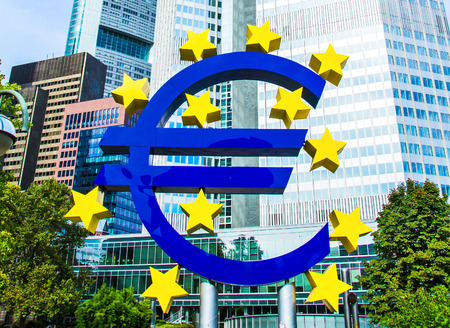 FRANKFURT AM MAIN, Germany - September 03, 2016:  Euro Sign in front of the European Central Bank in Frankfurt, Germanyのeditorial素材