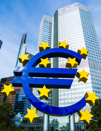FRANKFURT AM MAIN, Germany - September 03, 2016:  Euro Sign in front of the European Central Bank in Frankfurt, Germanyのeditorial素材