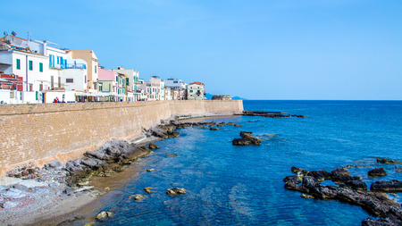 View of the promenade in the downtown of Alghero, Sardiniaの写真素材