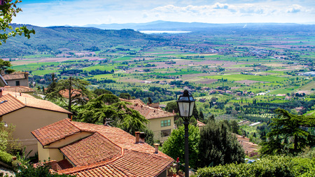 View of the Val di Chiana, from the roofs of Cortona , in Tuscany, Italyの写真素材