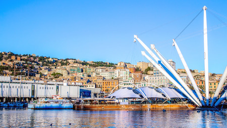 The port of Genoa, with the cityscape in the background, Italyの写真素材
