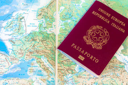 Close up of an Italian passport with European mapの写真素材
