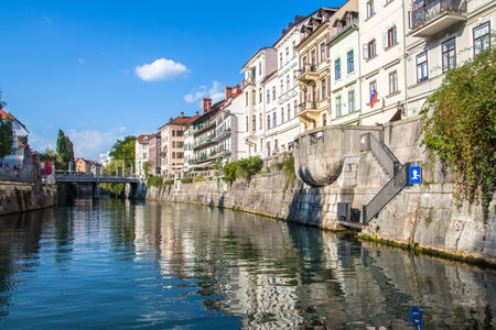 view of Ljubljanica River, downtown Ljubljana. Sloveniaの写真素材