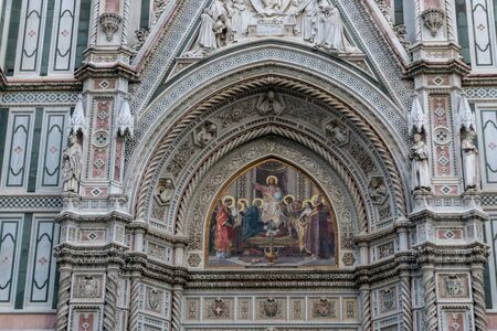 Details of Cathedral of Saint Mary of the Flower, called Cattedrale di Santa Maria del Fiore in Florence Tuscany from Uffizi Gallery. Also known Cathedral of Florence or Duomo Di Firenze.の写真素材