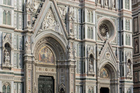 Details of Cathedral of Saint Mary of the Flower, called Cattedrale di Santa Maria del Fiore in Florence Tuscany. Also known Cathedral of Florence or Duomo Di Firenze.の写真素材