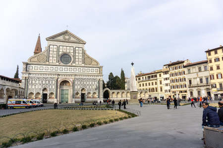 Florence, Italy - March 2, 2019: Italian monument Santa Maria Novella church. Renaissance and gothic architecture tourist attraction near train station.のeditorial素材