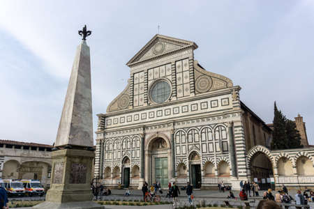 Florence, Italy - March 2, 2019: Italian monument Santa Maria Novella church. Renaissance and gothic architecture tourist attraction near train station.のeditorial素材