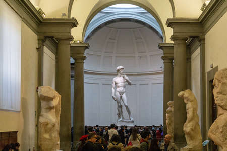 Florence, Italy - March 3, 2019: Renaissance sculpture of David by Michelangelo in Academy of fine arts of Florence (Accademia di Belle Arti di Firenze)のeditorial素材