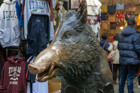 Florence, Italy - March 1, 2019: The bronze boar fountain statue (fontana del porcellino) in the center of Florence at Piazza del mercato nuovoのeditorial素材