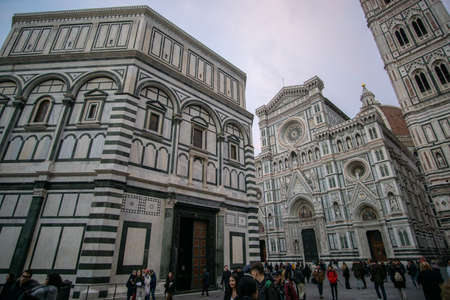 Details of Cathedral of Saint Mary of the Flower, called Cattedrale di Santa Maria del Fiore in Florence Tuscany from Uffizi Gallery. Also known Cathedral of Florence or Duomo Di Firenze.のeditorial素材