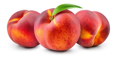 Peach isolate. Peaches with leaf on white. Full depth of fieldの写真素材