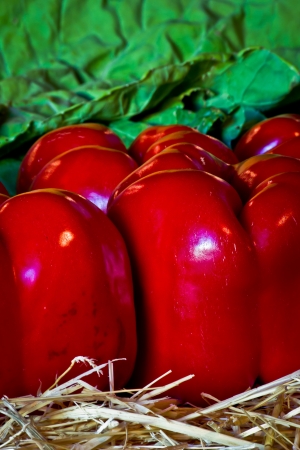 peppers, beets and straw in an vegetables exhibitionの写真素材