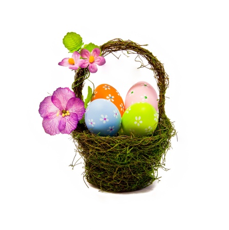 easter eggs in a nest basketの写真素材