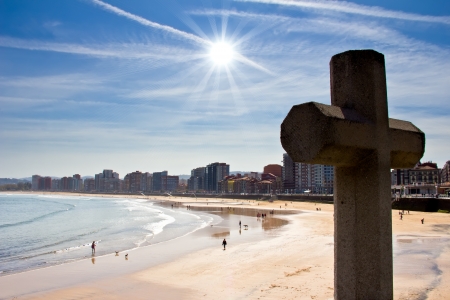 beach landscape in the city of Gijón in the north of Spainの写真素材