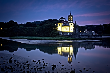 reflection of a church in the north of Spainの写真素材