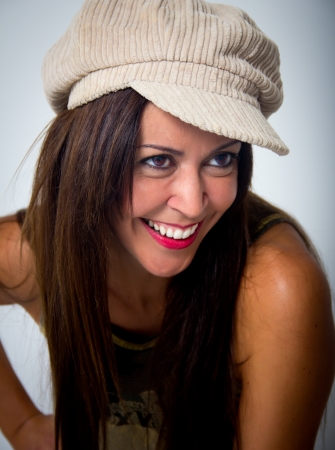 expressive woman on a gray backgroundの写真素材